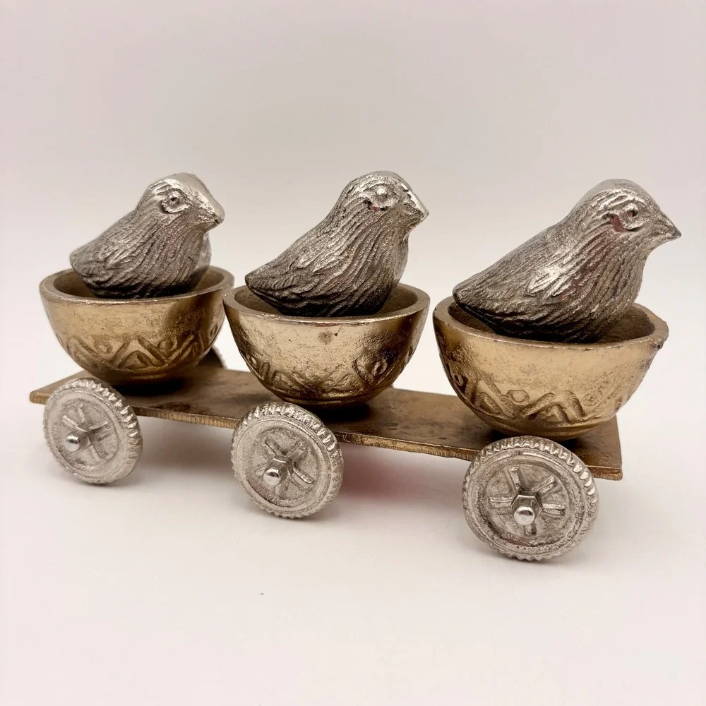 Vintage Style Mixed Metal Three Birds on Rolling Cart Figurine‎ Decor 8.5 Inch